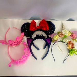 DISNEY Minnie Ears,Cat Ears,2 Princess Happy Birthday Crowns,2 Flower Headbands